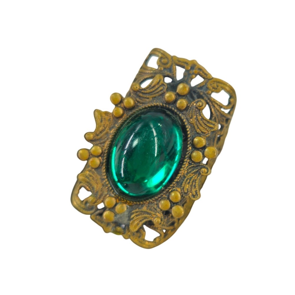 Vintage Style Filigree Adjustable‎ Ring Green Glass Cabochon Antique Brass Tone